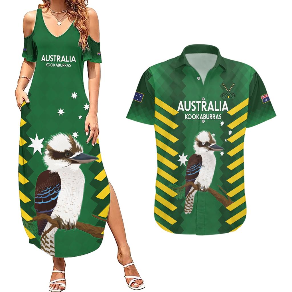 Custom Australia Field Hockey Couples Matching Summer Maxi Dress and Hawaiian Shirt Go Champions Kookaburras National Color