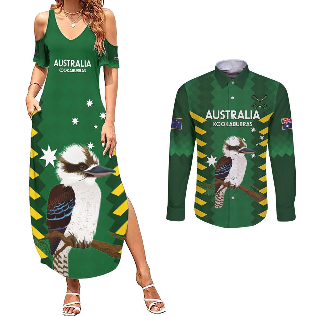 Custom Australia Field Hockey Couples Matching Summer Maxi Dress and Long Sleeve Button Shirt Go Champions Kookaburras National Color