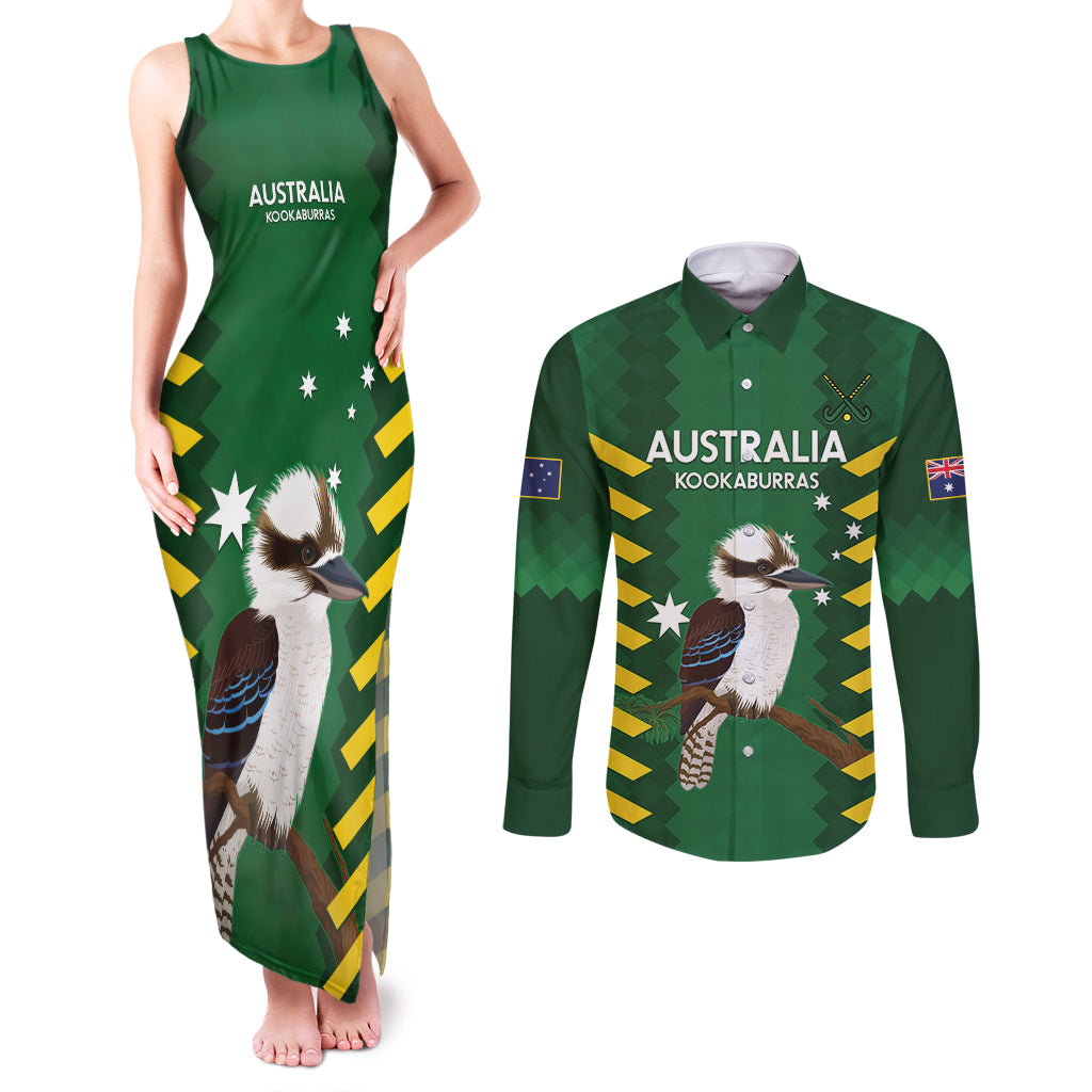 Custom Australia Field Hockey Couples Matching Tank Maxi Dress and Long Sleeve Button Shirt Go Champions Kookaburras National Color