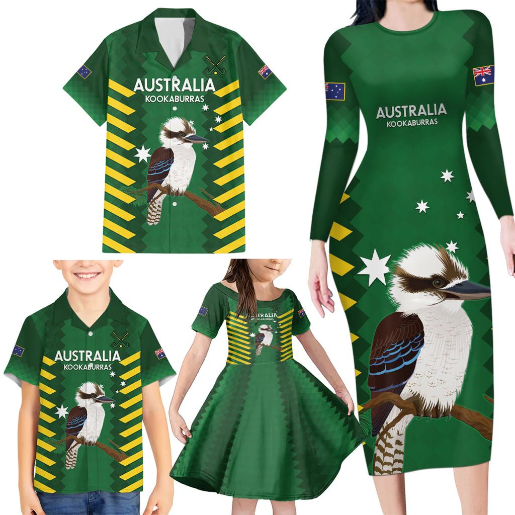 Custom Australia Field Hockey Family Matching Long Sleeve Bodycon Dress and Hawaiian Shirt Go Champions Kookaburras National Color