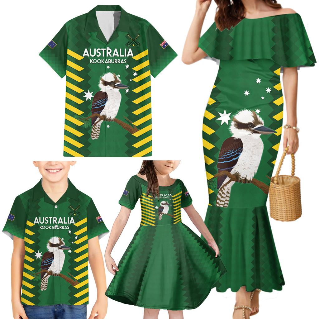Custom Australia Field Hockey Family Matching Mermaid Dress and Hawaiian Shirt Go Champions Kookaburras National Color