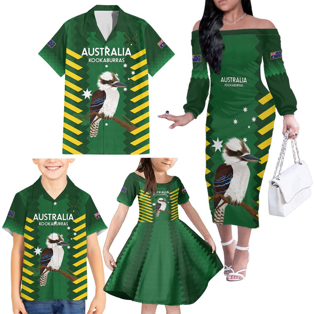 Custom Australia Field Hockey Family Matching Off The Shoulder Long Sleeve Dress and Hawaiian Shirt Go Champions Kookaburras National Color