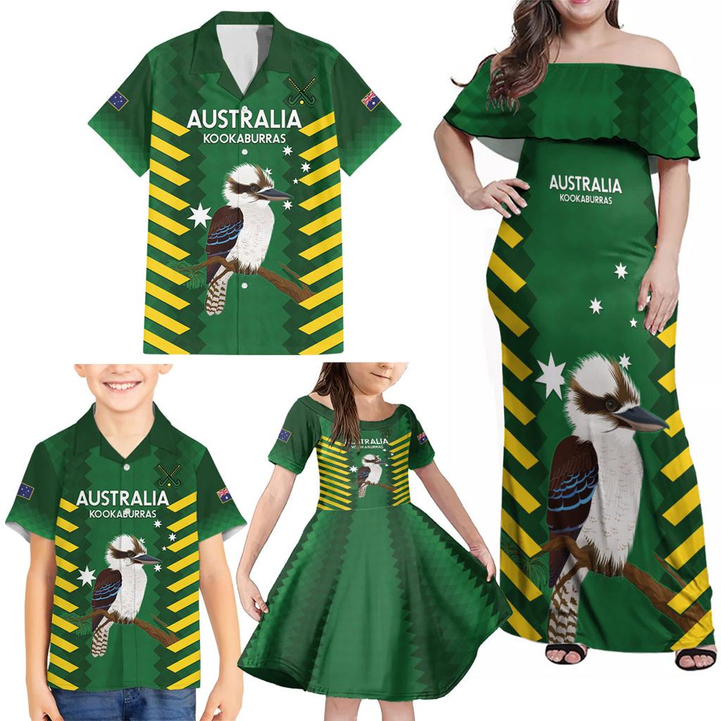 Custom Australia Field Hockey Family Matching Off Shoulder Maxi Dress and Hawaiian Shirt Go Champions Kookaburras National Color
