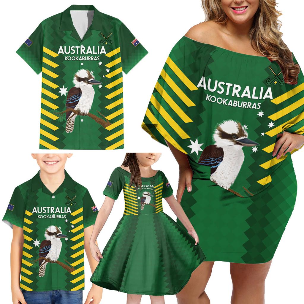 Custom Australia Field Hockey Family Matching Off Shoulder Short Dress and Hawaiian Shirt Go Champions Kookaburras National Color
