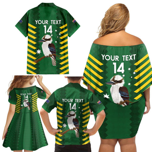 Custom Australia Field Hockey Family Matching Off Shoulder Short Dress and Hawaiian Shirt Go Champions Kookaburras National Color