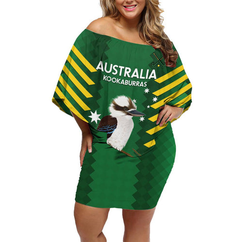 Custom Australia Field Hockey Family Matching Off Shoulder Short Dress and Hawaiian Shirt Go Champions Kookaburras National Color