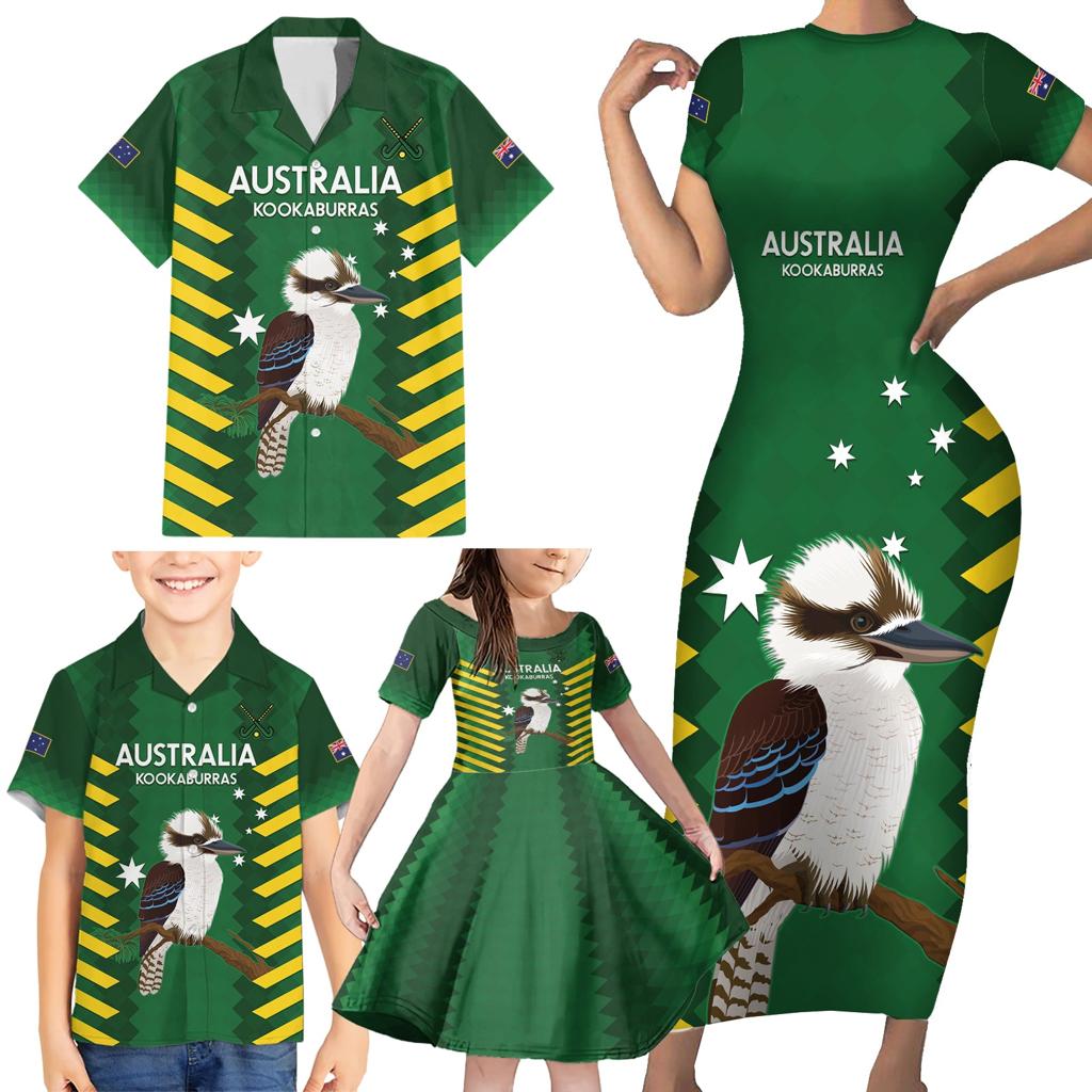 Custom Australia Field Hockey Family Matching Short Sleeve Bodycon Dress and Hawaiian Shirt Go Champions Kookaburras National Color