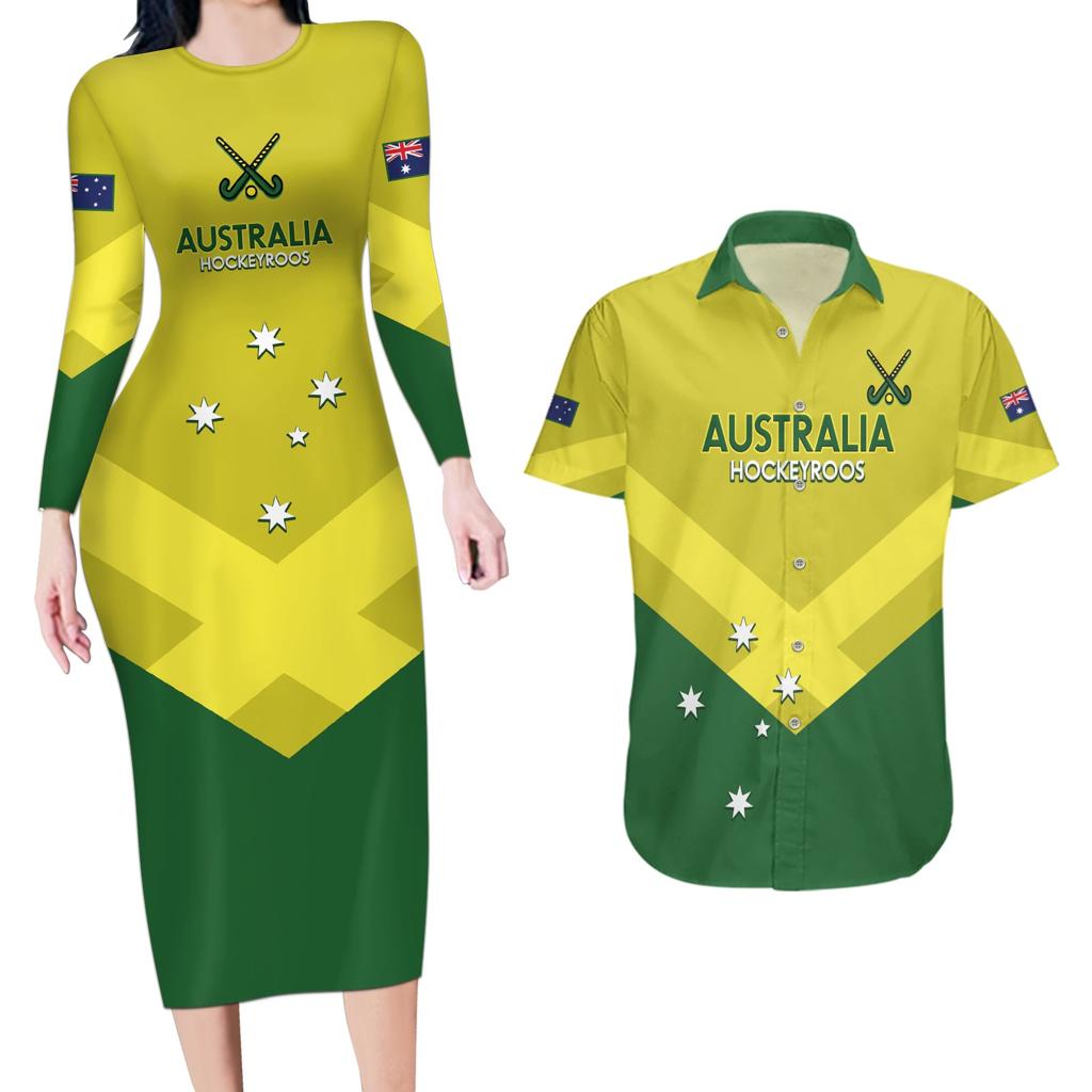 Custom Australia Field Hockey Couples Matching Long Sleeve Bodycon Dress and Hawaiian Shirt Go Champions Hockeyroos National Color