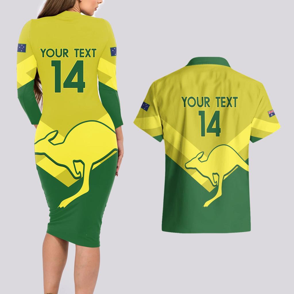 Custom Australia Field Hockey Couples Matching Long Sleeve Bodycon Dress and Hawaiian Shirt Go Champions Hockeyroos National Color