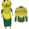 Custom Australia Field Hockey Couples Matching Long Sleeve Bodycon Dress and Long Sleeve Button Shirt Go Champions Hockeyroos National Color