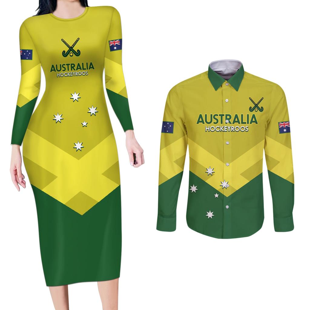 Custom Australia Field Hockey Couples Matching Long Sleeve Bodycon Dress and Long Sleeve Button Shirt Go Champions Hockeyroos National Color