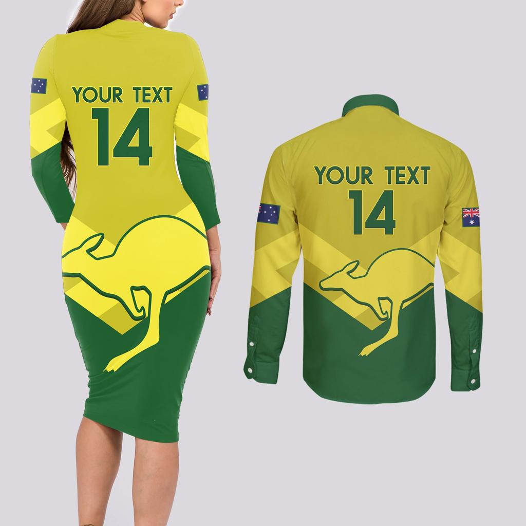Custom Australia Field Hockey Couples Matching Long Sleeve Bodycon Dress and Long Sleeve Button Shirt Go Champions Hockeyroos National Color