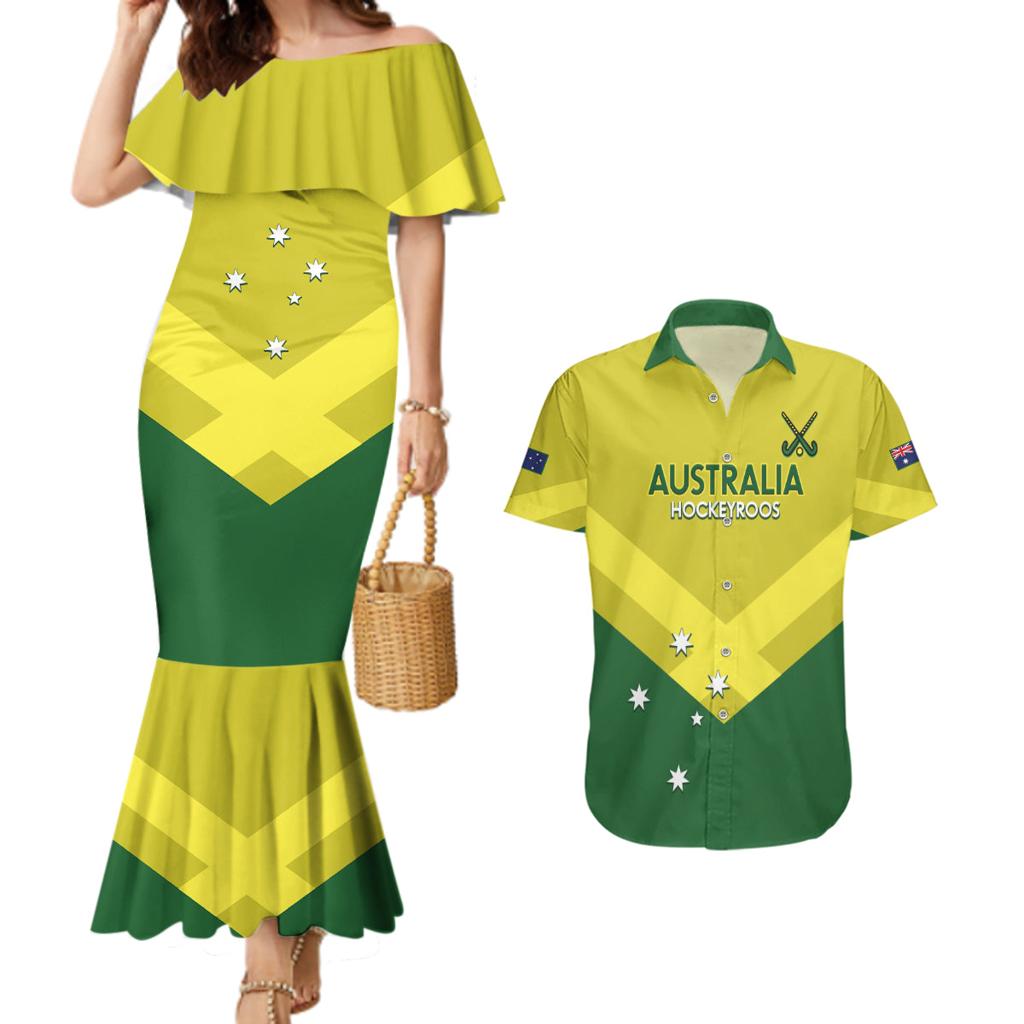 Custom Australia Field Hockey Couples Matching Mermaid Dress and Hawaiian Shirt Go Champions Hockeyroos National Color