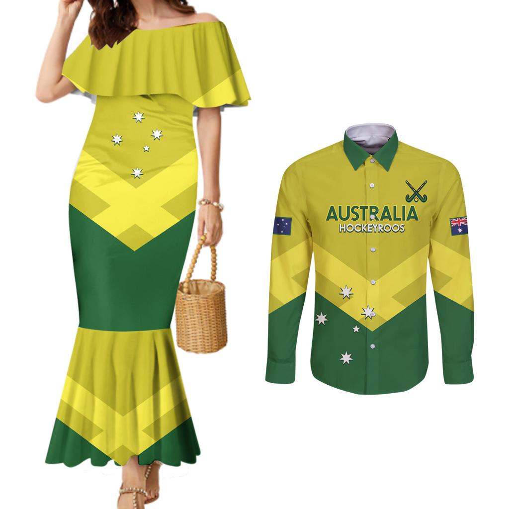 Custom Australia Field Hockey Couples Matching Mermaid Dress and Long Sleeve Button Shirt Go Champions Hockeyroos National Color