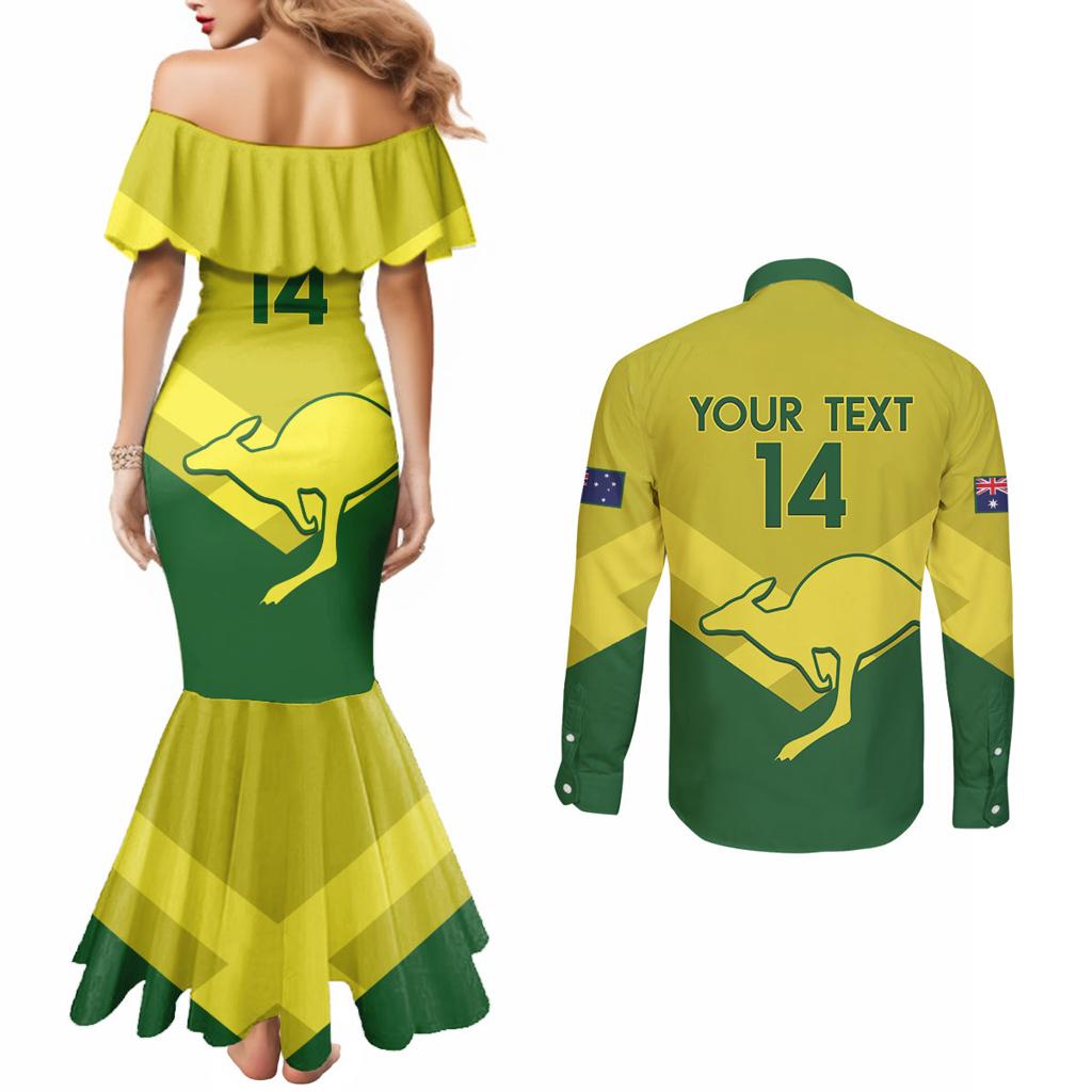 Custom Australia Field Hockey Couples Matching Mermaid Dress and Long Sleeve Button Shirt Go Champions Hockeyroos National Color