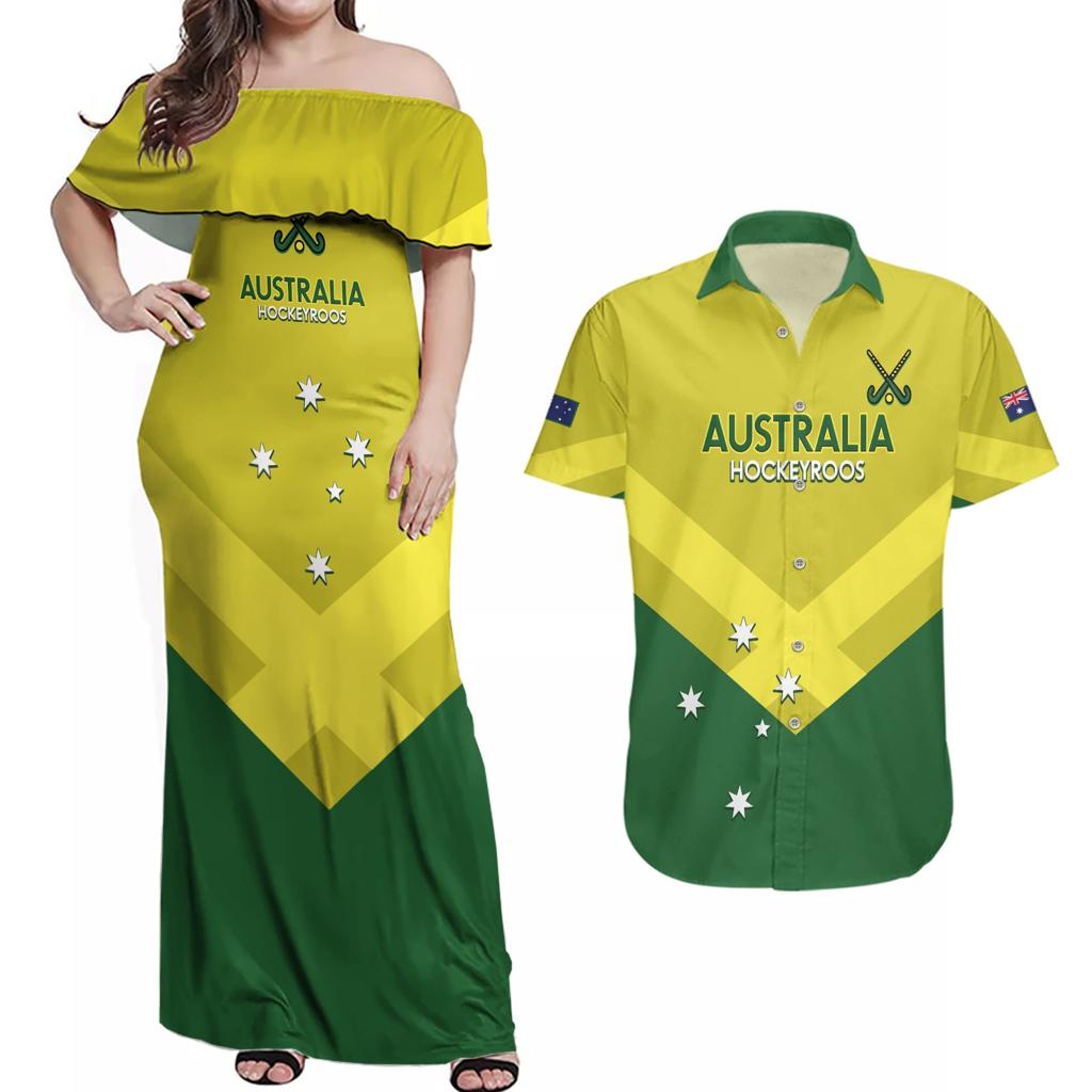 Custom Australia Field Hockey Couples Matching Off Shoulder Maxi Dress and Hawaiian Shirt Go Champions Hockeyroos National Color
