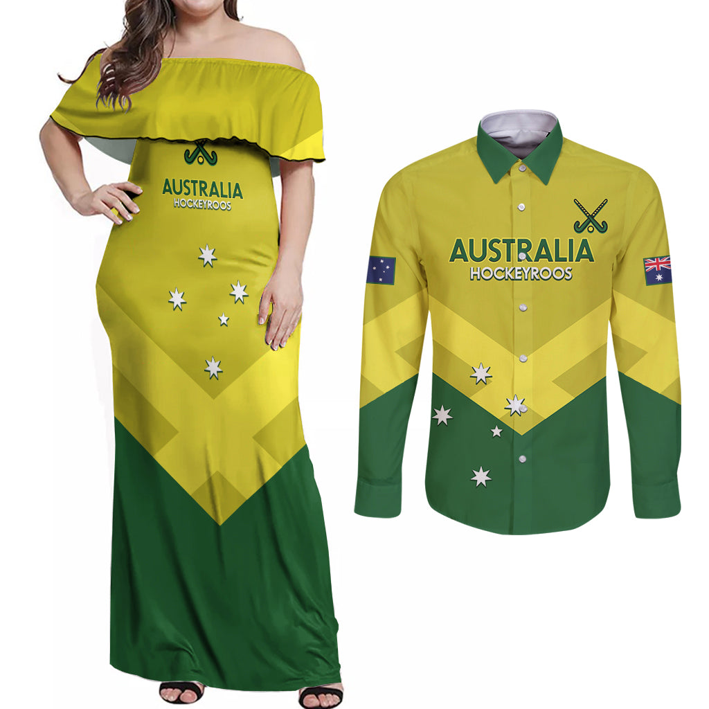 Custom Australia Field Hockey Couples Matching Off Shoulder Maxi Dress and Long Sleeve Button Shirt Go Champions Hockeyroos National Color