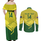 Custom Australia Field Hockey Couples Matching Off Shoulder Maxi Dress and Long Sleeve Button Shirt Go Champions Hockeyroos National Color