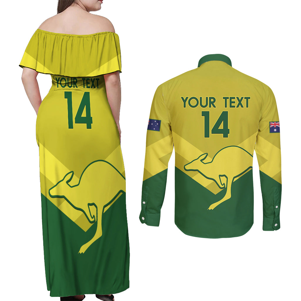 Custom Australia Field Hockey Couples Matching Off Shoulder Maxi Dress and Long Sleeve Button Shirt Go Champions Hockeyroos National Color