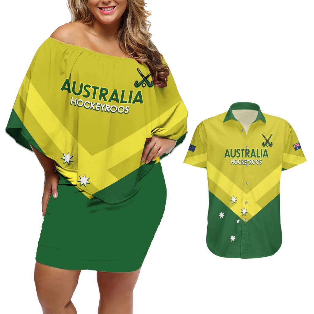 Custom Australia Field Hockey Couples Matching Off Shoulder Short Dress and Hawaiian Shirt Go Champions Hockeyroos National Color