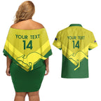 Custom Australia Field Hockey Couples Matching Off Shoulder Short Dress and Hawaiian Shirt Go Champions Hockeyroos National Color
