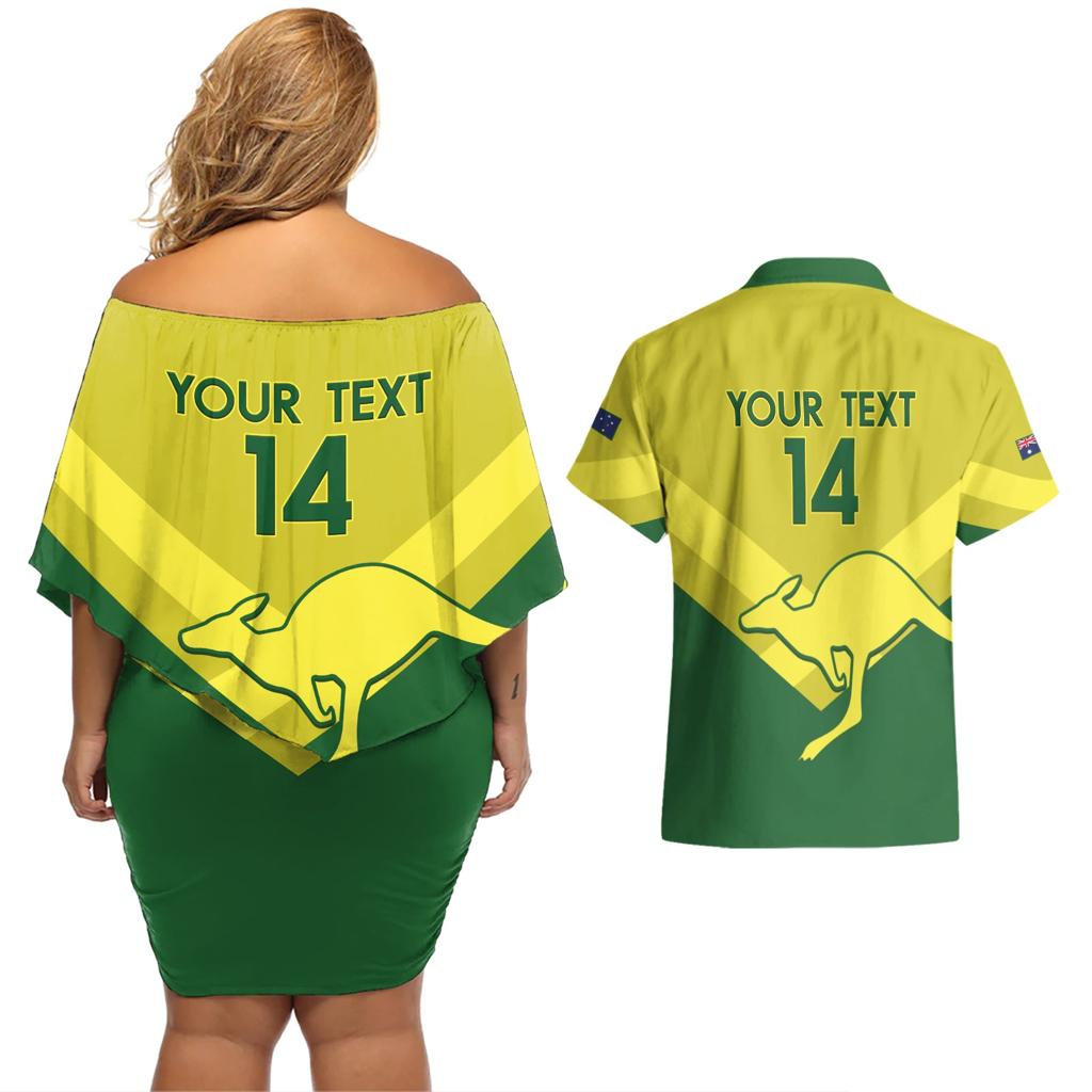 Custom Australia Field Hockey Couples Matching Off Shoulder Short Dress and Hawaiian Shirt Go Champions Hockeyroos National Color