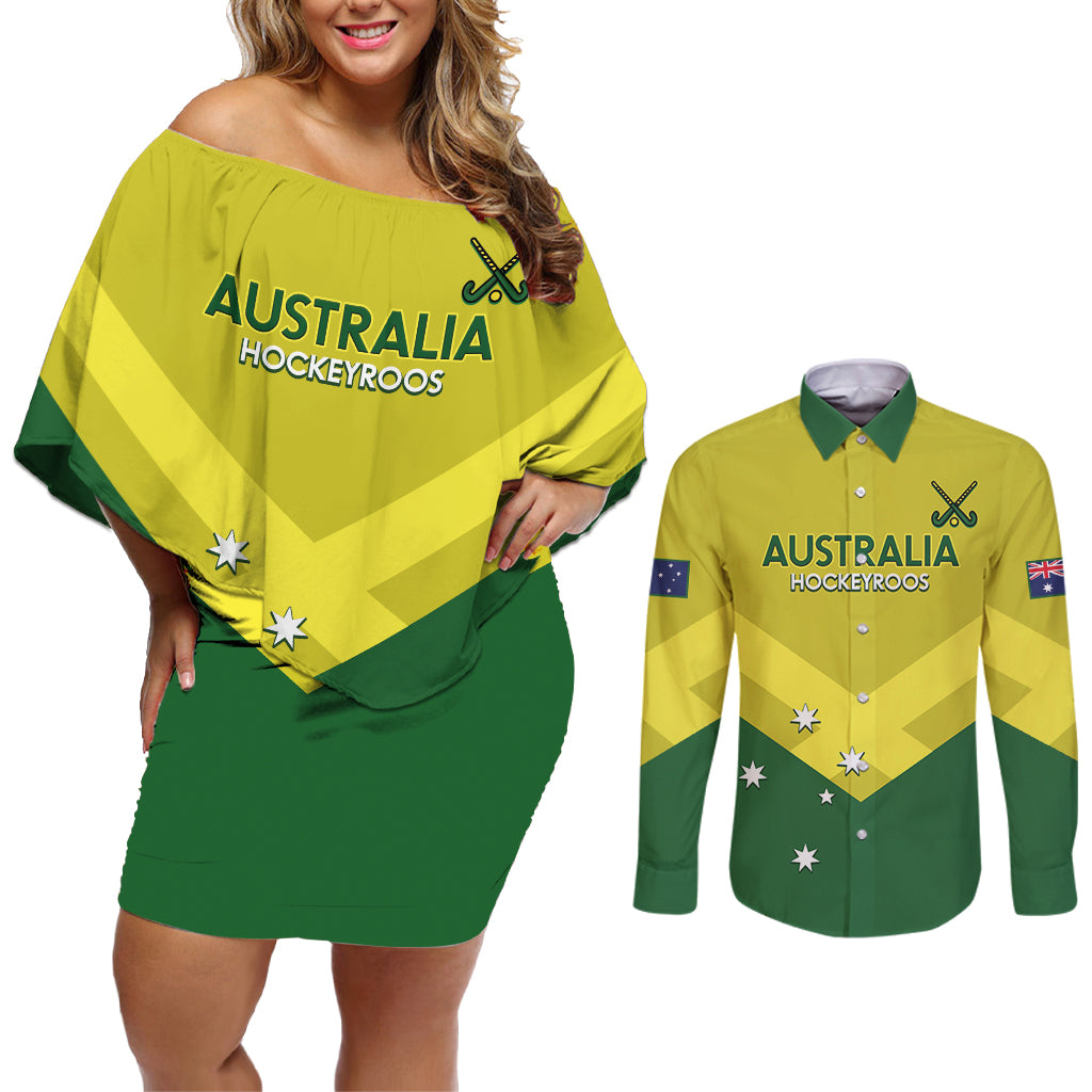 Custom Australia Field Hockey Couples Matching Off Shoulder Short Dress and Long Sleeve Button Shirt Go Champions Hockeyroos National Color