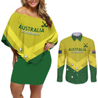 Custom Australia Field Hockey Couples Matching Off Shoulder Short Dress and Long Sleeve Button Shirt Go Champions Hockeyroos National Color