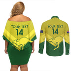Custom Australia Field Hockey Couples Matching Off Shoulder Short Dress and Long Sleeve Button Shirt Go Champions Hockeyroos National Color