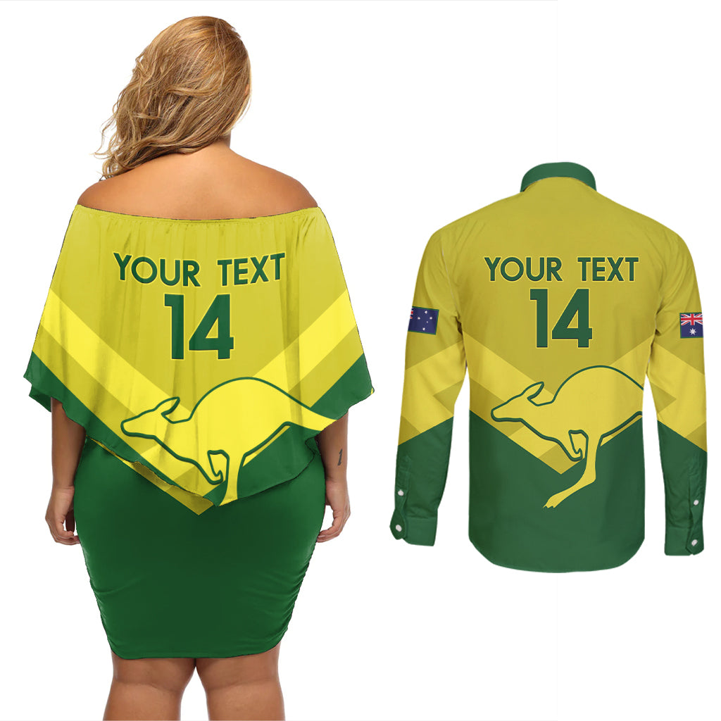Custom Australia Field Hockey Couples Matching Off Shoulder Short Dress and Long Sleeve Button Shirt Go Champions Hockeyroos National Color