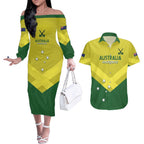 Custom Australia Field Hockey Couples Matching Off The Shoulder Long Sleeve Dress and Hawaiian Shirt Go Champions Hockeyroos National Color