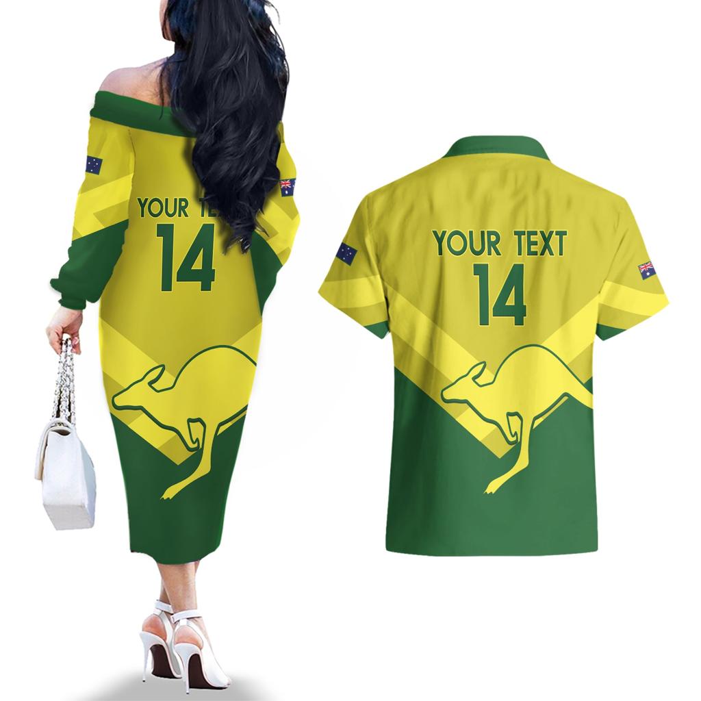 Custom Australia Field Hockey Couples Matching Off The Shoulder Long Sleeve Dress and Hawaiian Shirt Go Champions Hockeyroos National Color