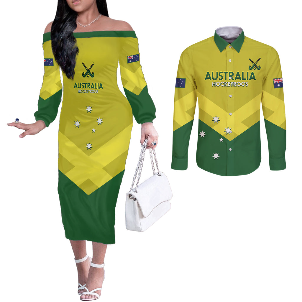 Custom Australia Field Hockey Couples Matching Off The Shoulder Long Sleeve Dress and Long Sleeve Button Shirt Go Champions Hockeyroos National Color