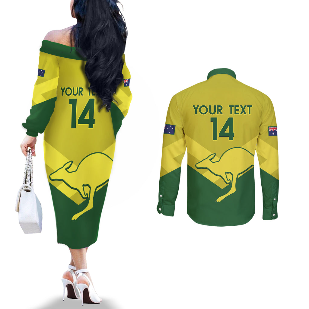Custom Australia Field Hockey Couples Matching Off The Shoulder Long Sleeve Dress and Long Sleeve Button Shirt Go Champions Hockeyroos National Color