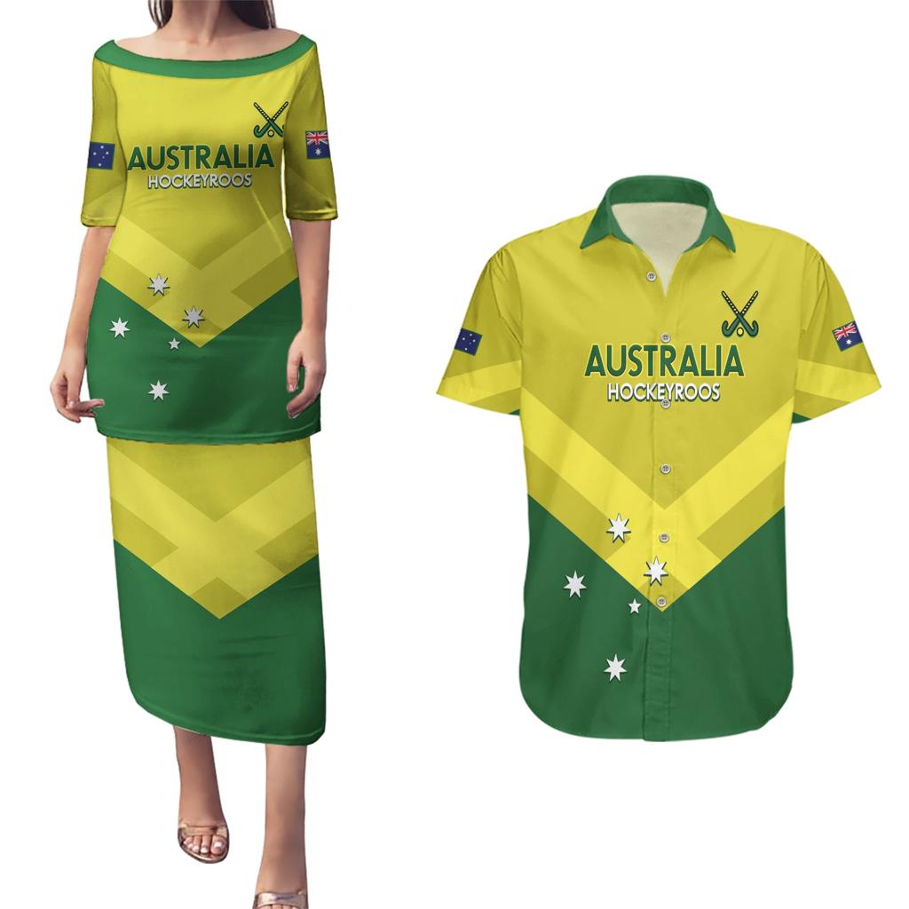 Custom Australia Field Hockey Couples Matching Puletasi and Hawaiian Shirt Go Champions Hockeyroos National Color
