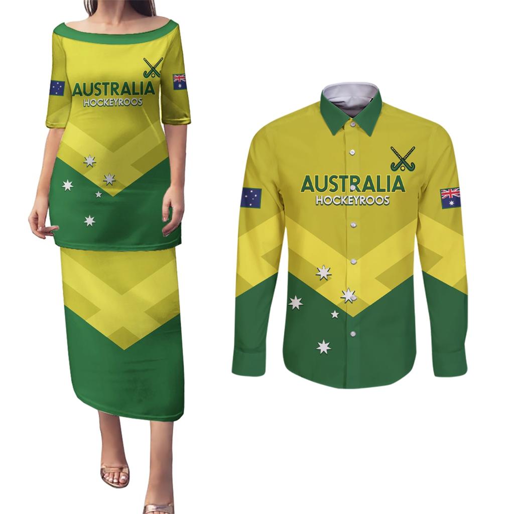 Custom Australia Field Hockey Couples Matching Puletasi and Long Sleeve Button Shirt Go Champions Hockeyroos National Color