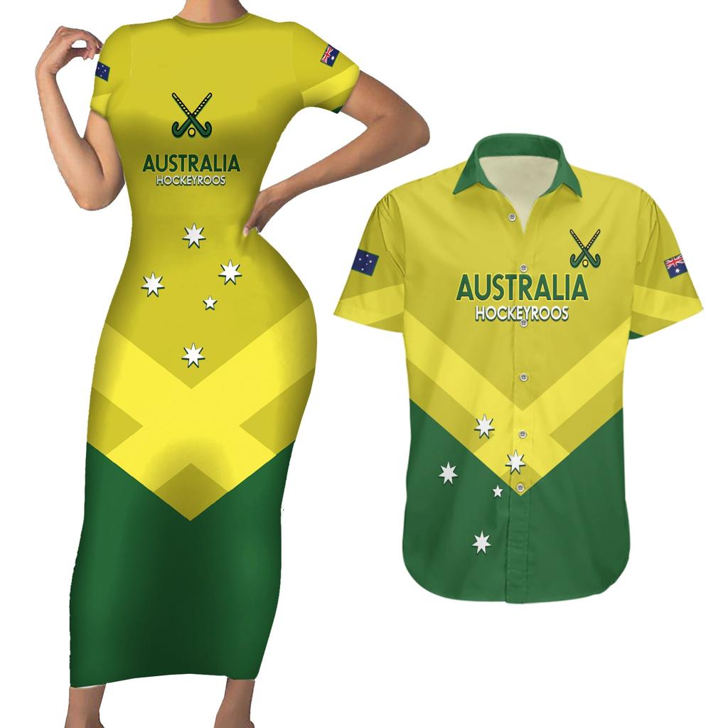 Custom Australia Field Hockey Couples Matching Short Sleeve Bodycon Dress and Hawaiian Shirt Go Champions Hockeyroos National Color