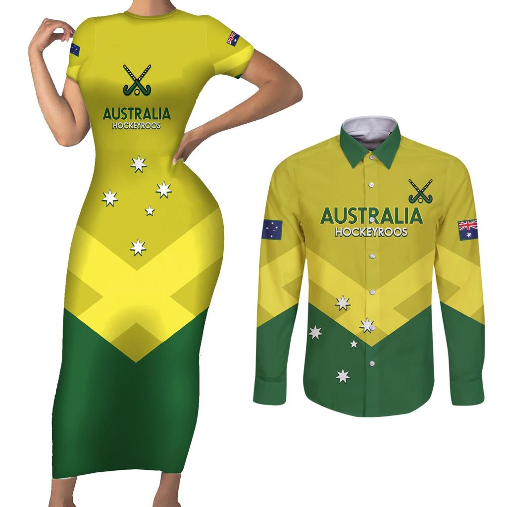 Custom Australia Field Hockey Couples Matching Short Sleeve Bodycon Dress and Long Sleeve Button Shirt Go Champions Hockeyroos National Color