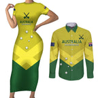 Custom Australia Field Hockey Couples Matching Short Sleeve Bodycon Dress and Long Sleeve Button Shirt Go Champions Hockeyroos National Color