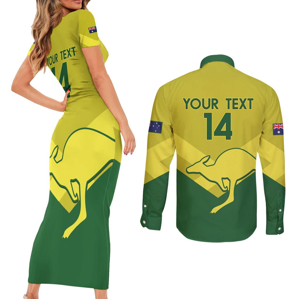 Custom Australia Field Hockey Couples Matching Short Sleeve Bodycon Dress and Long Sleeve Button Shirt Go Champions Hockeyroos National Color