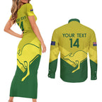 Custom Australia Field Hockey Couples Matching Short Sleeve Bodycon Dress and Long Sleeve Button Shirt Go Champions Hockeyroos National Color