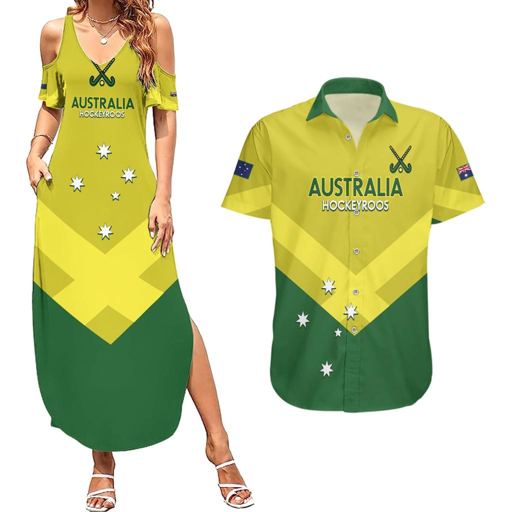Custom Australia Field Hockey Couples Matching Summer Maxi Dress and Hawaiian Shirt Go Champions Hockeyroos National Color