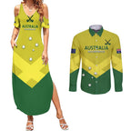 Custom Australia Field Hockey Couples Matching Summer Maxi Dress and Long Sleeve Button Shirt Go Champions Hockeyroos National Color