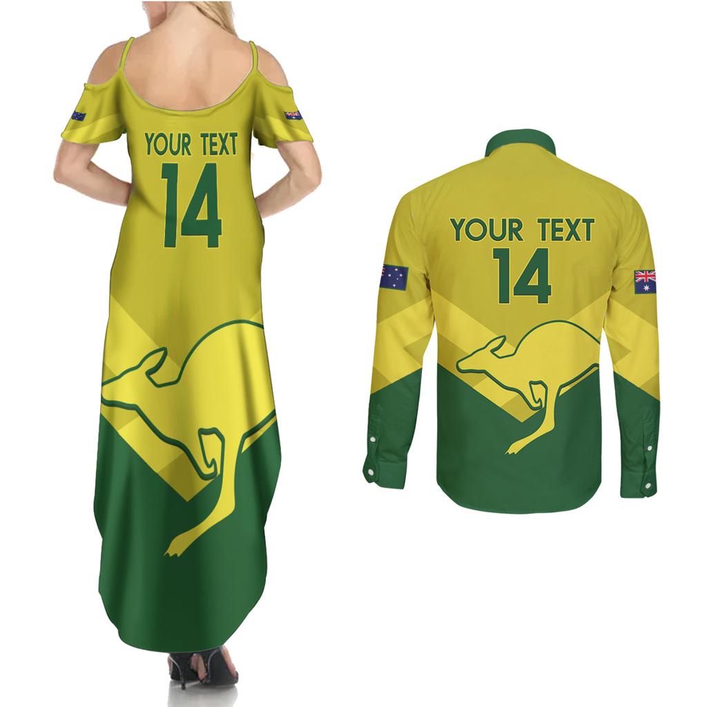 Custom Australia Field Hockey Couples Matching Summer Maxi Dress and Long Sleeve Button Shirt Go Champions Hockeyroos National Color
