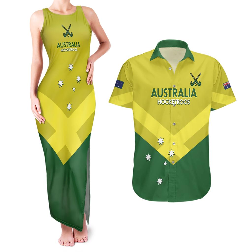 Custom Australia Field Hockey Couples Matching Tank Maxi Dress and Hawaiian Shirt Go Champions Hockeyroos National Color
