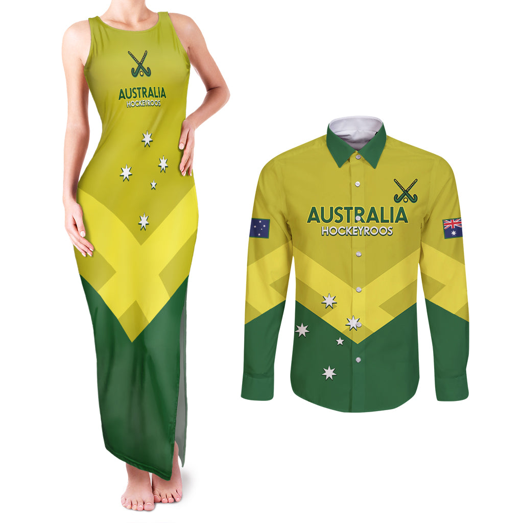 Custom Australia Field Hockey Couples Matching Tank Maxi Dress and Long Sleeve Button Shirt Go Champions Hockeyroos National Color