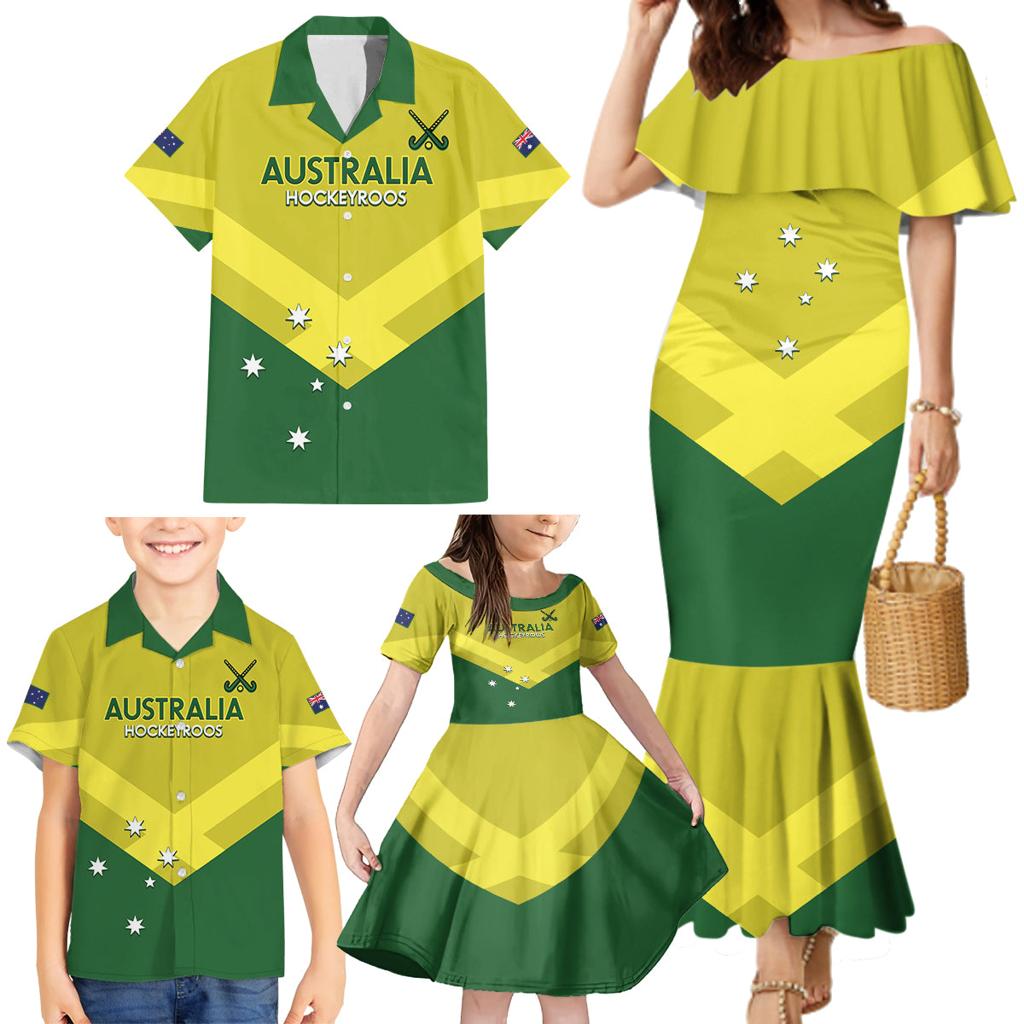 Custom Australia Field Hockey Family Matching Mermaid Dress and Hawaiian Shirt Go Champions Hockeyroos National Color