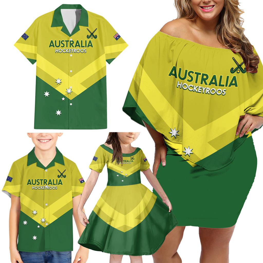Custom Australia Field Hockey Family Matching Off Shoulder Short Dress and Hawaiian Shirt Go Champions Hockeyroos National Color