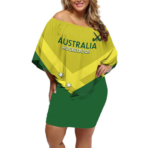 Custom Australia Field Hockey Family Matching Off Shoulder Short Dress and Hawaiian Shirt Go Champions Hockeyroos National Color