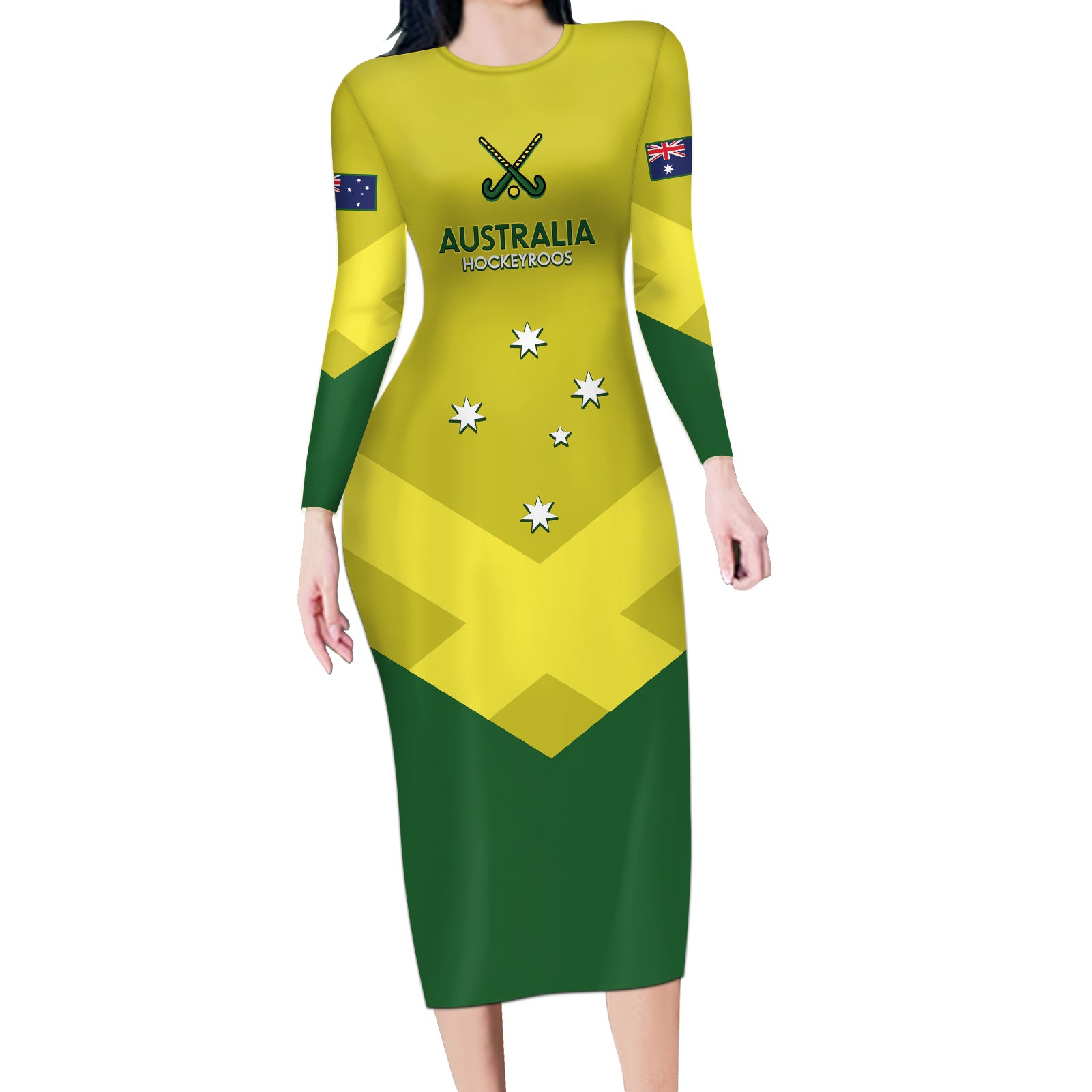 Custom Australia Field Hockey Long Sleeve Bodycon Dress Go Champions Hockeyroos National Color